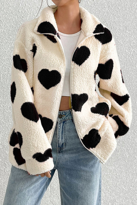 Heart Patterned Cozy Zip-Up Coat