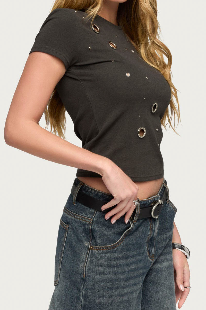 Eyelet Detail Cropped T-Shirt