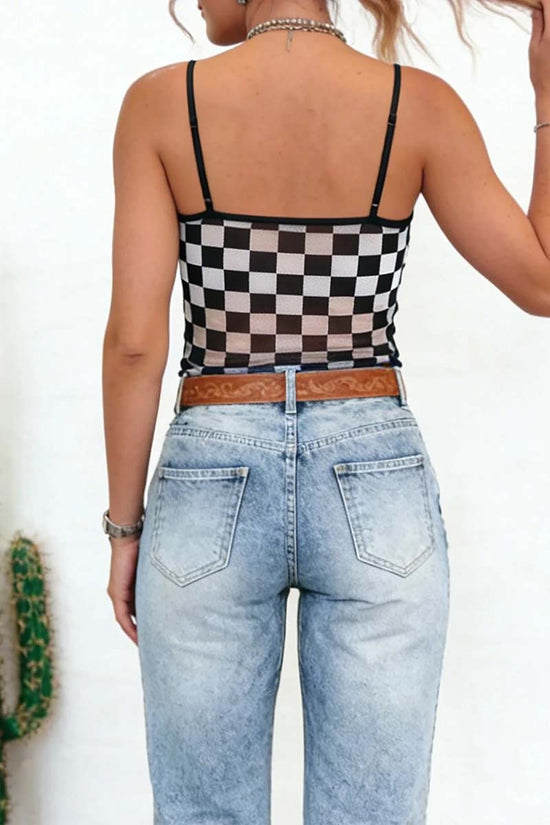Checkered Print Spaghetti Straps  Tank Top