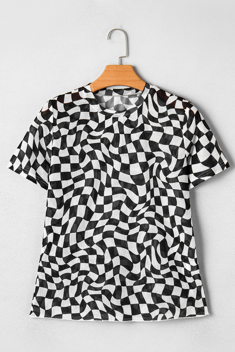 Checkered Print Mock Neck T-Shirt