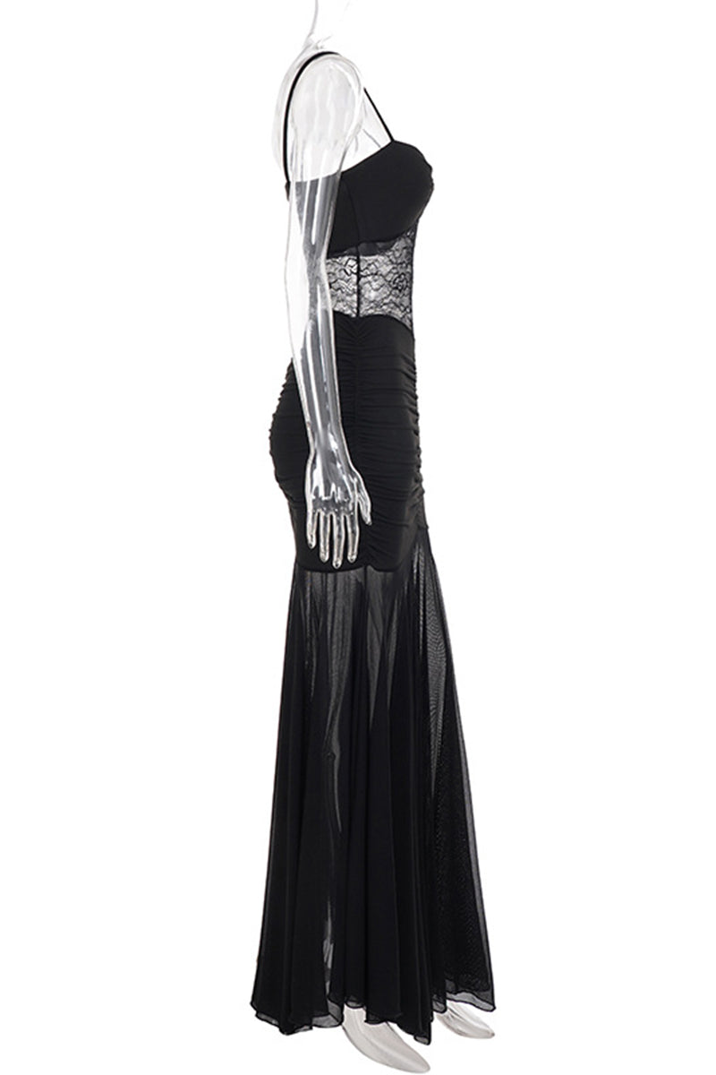 Ruched Lace Paneled Spaghetti Strap Dress