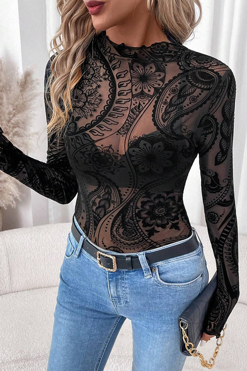 Elegant Sheer Floral Long Sleeve Top