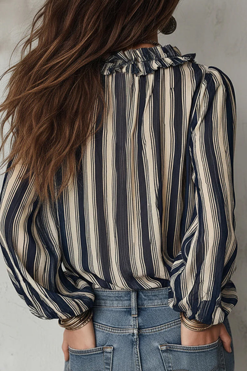 Ruffled Striped Long Sleeve Blouse