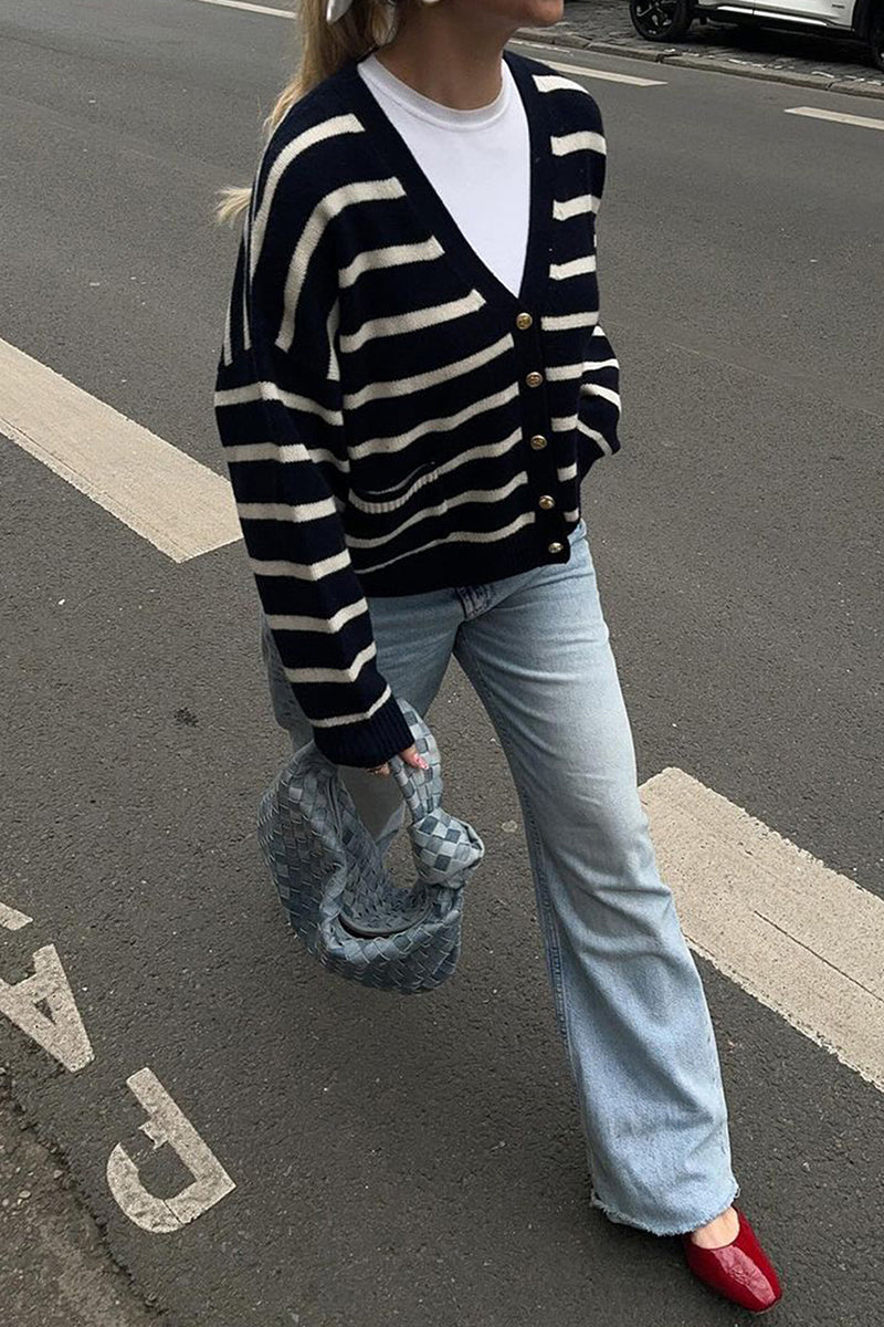 Striped V-Neck Button-Up Cardigan