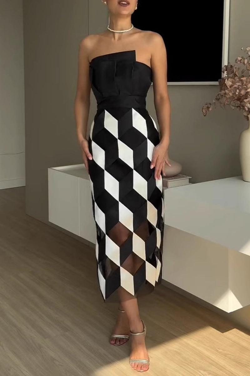 Geometric Strapless Midi Dress