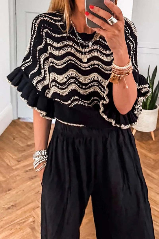 Stripe Wavy Crochet Ruffle Half Sleeve Top
