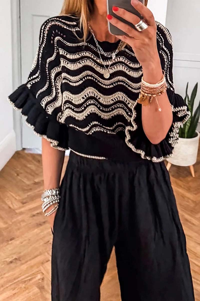 Stripe Wavy Crochet Ruffle Half Sleeve Top