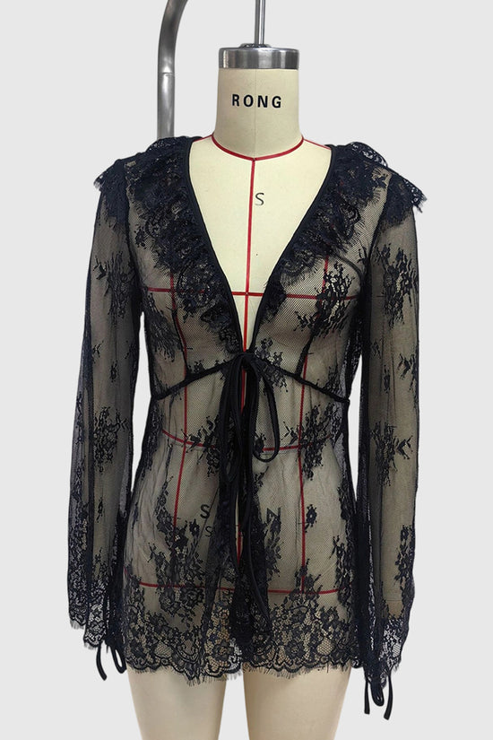 Sheer Lace Tie-Front Blouse