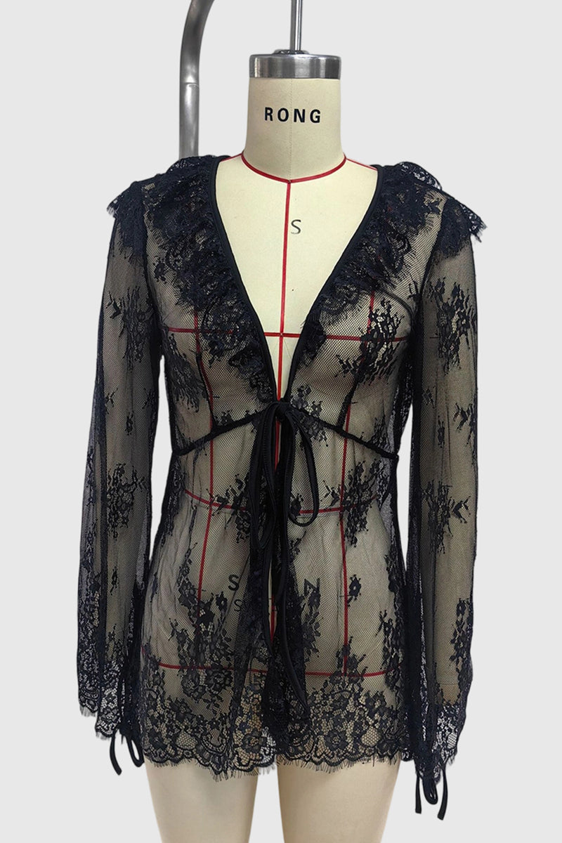 Sheer Lace Tie-Front Blouse