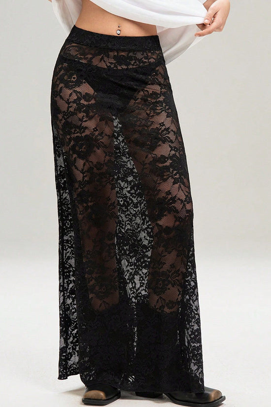 Sheer Lace Overlay Midi Skirt