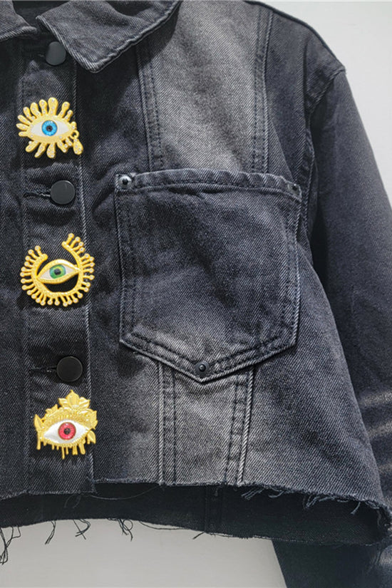 Eye-Embellished Denim Crop Jacket