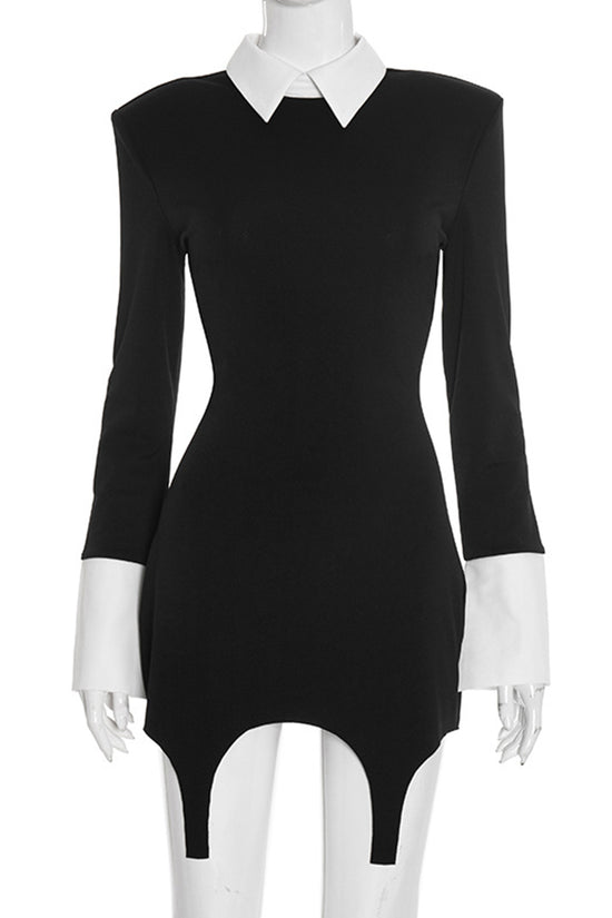 Contrast Collar Long Sleeve Bodycon Dress