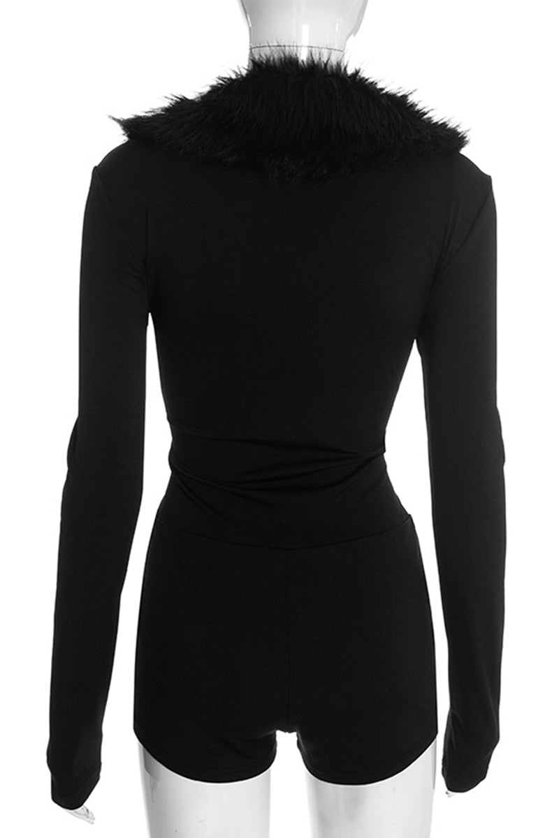 Faux Fur Collar Long Sleeve Romper