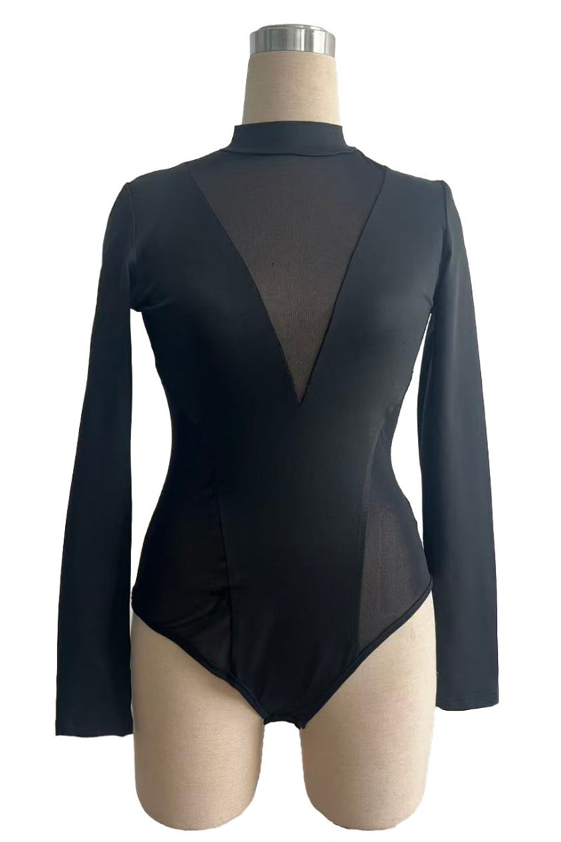 Elegant Mesh Detail Long Sleeve Bodysuit