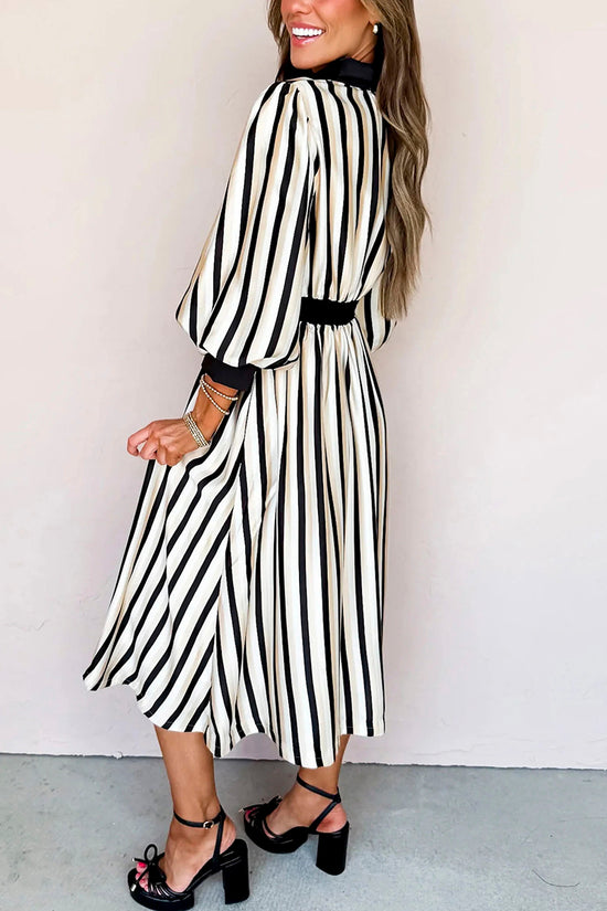 Stripe Puff Sleeve Button Down Midi Dress