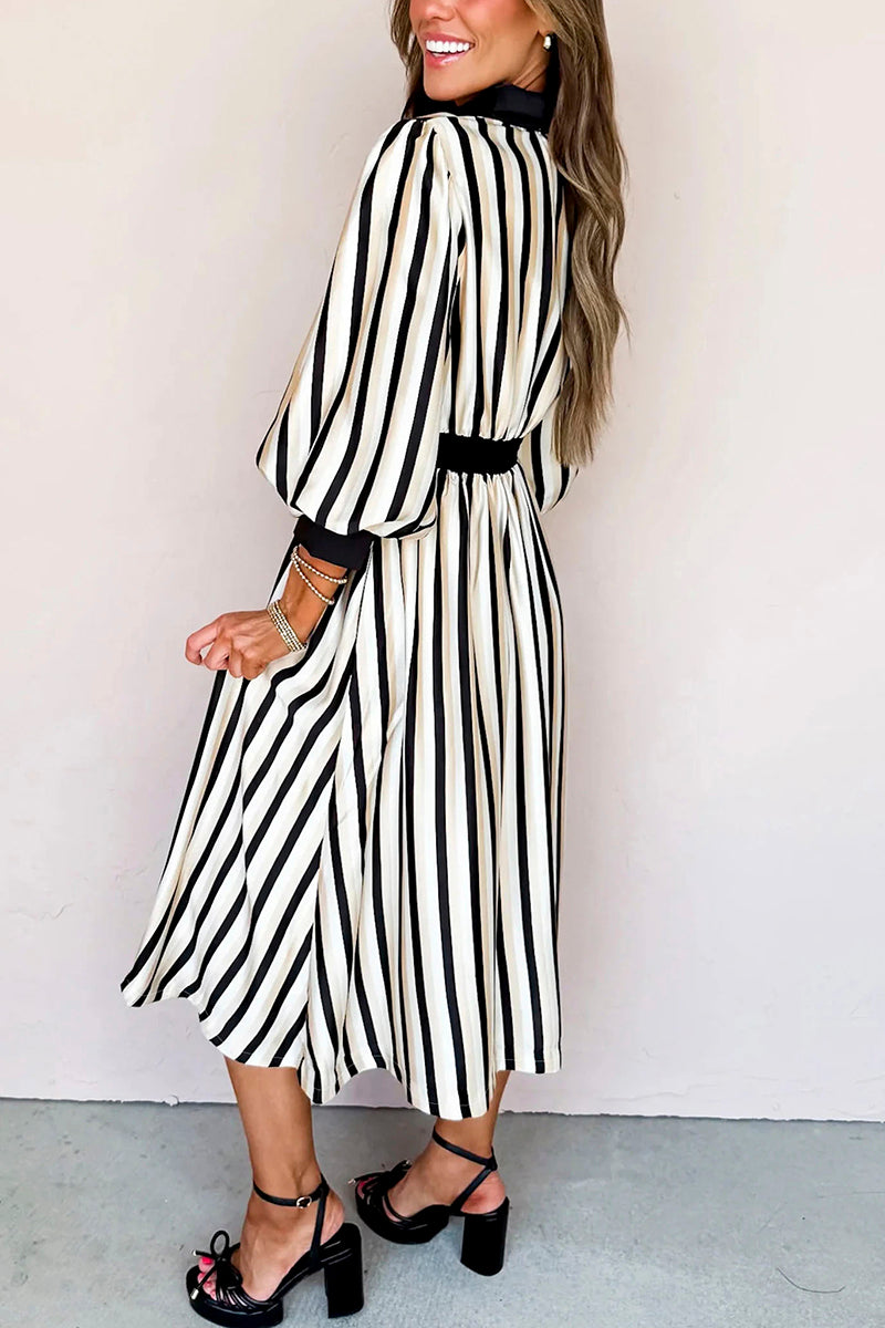 Stripe Puff Sleeve Button Down Midi Dress