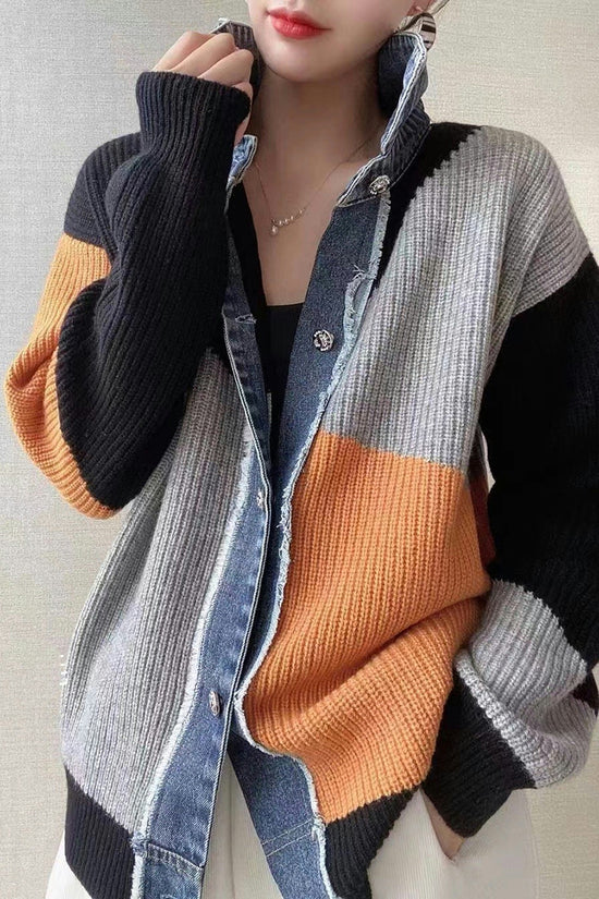 Color Block Denim Trim Cardigan