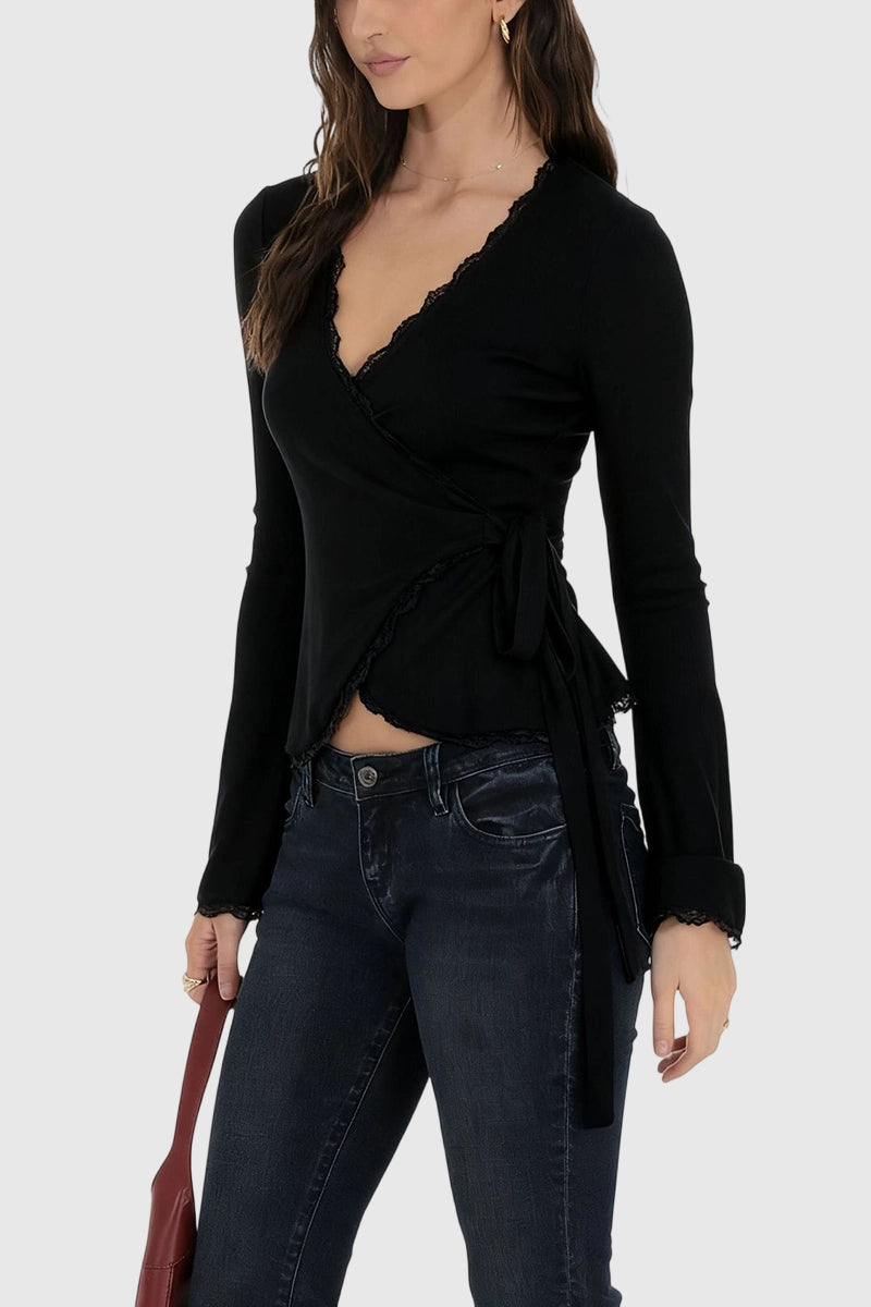Elegant Wrap Lace Trim Blouse