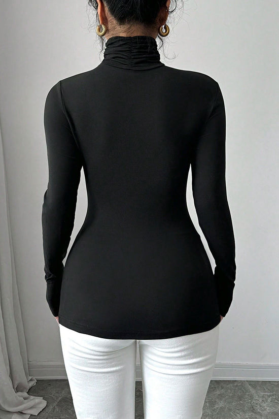 Floral Appliqué Turtleneck Long Sleeve Top