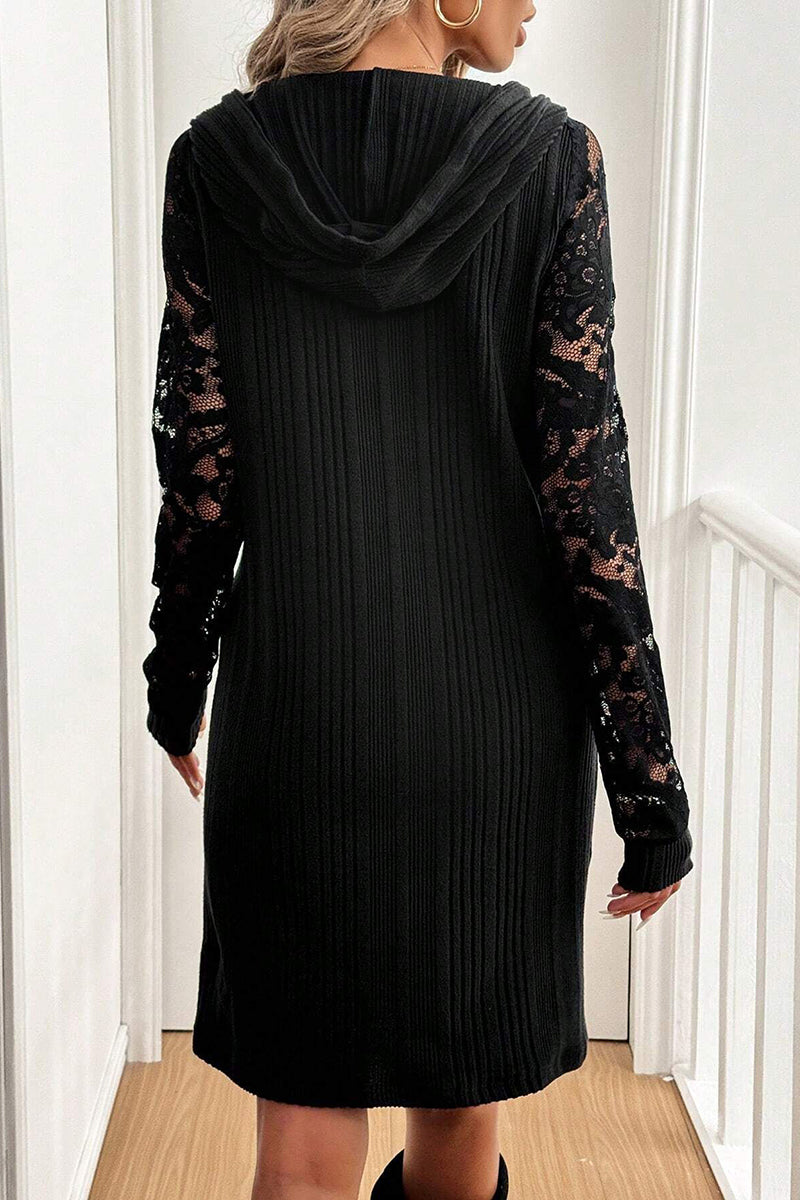 Lace Sleeve Hooded Casual Dress