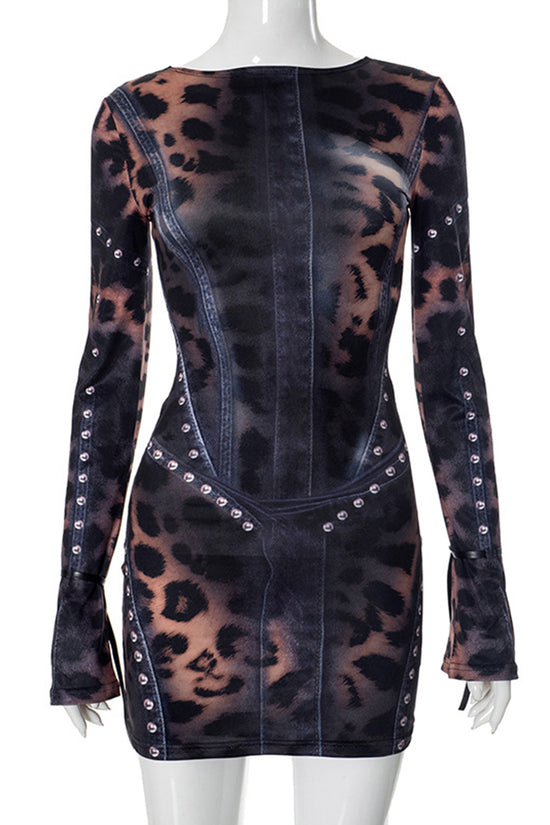 Long Sleeve Leopard Print Casual Dress