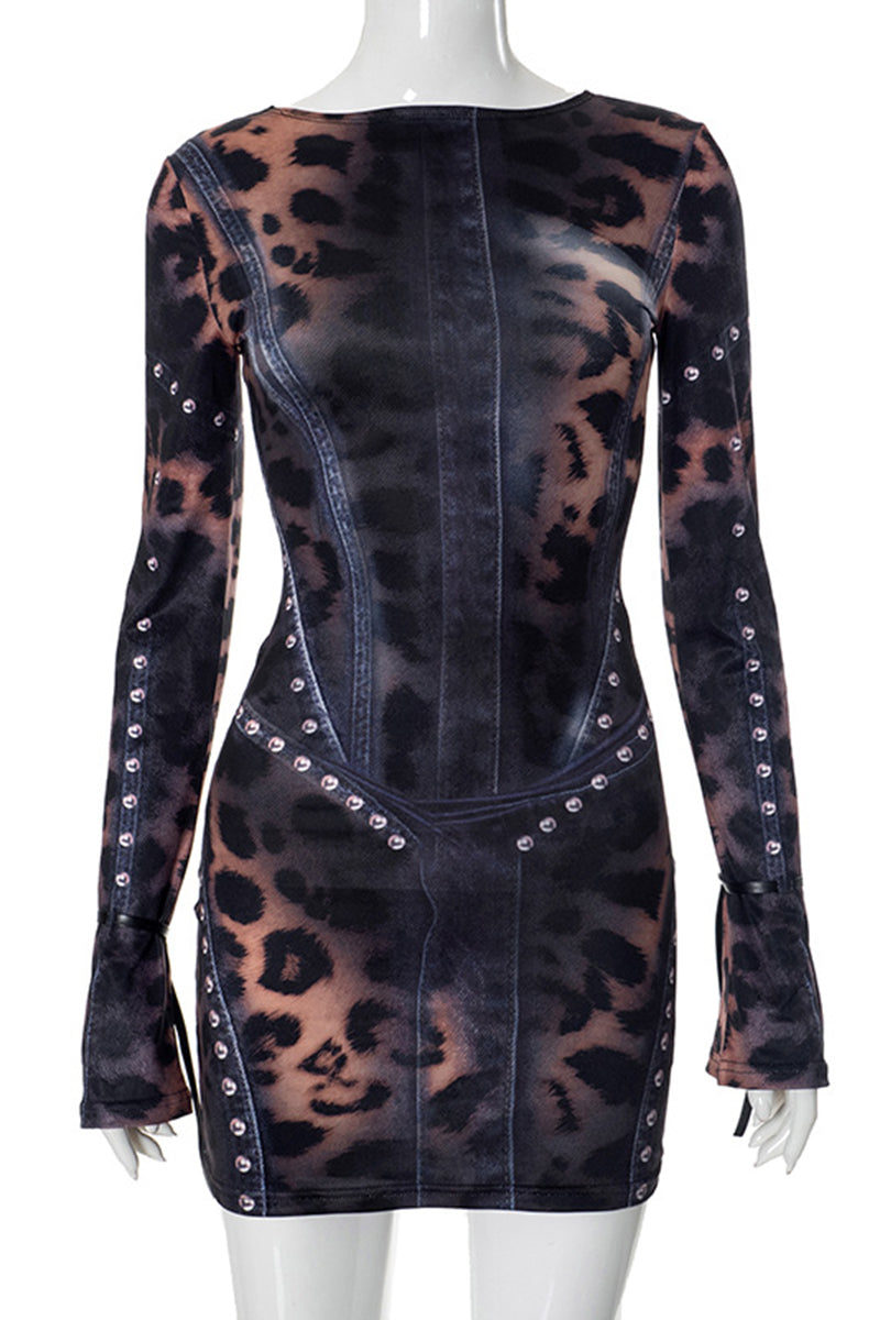 Long Sleeve Leopard Print Casual Dress