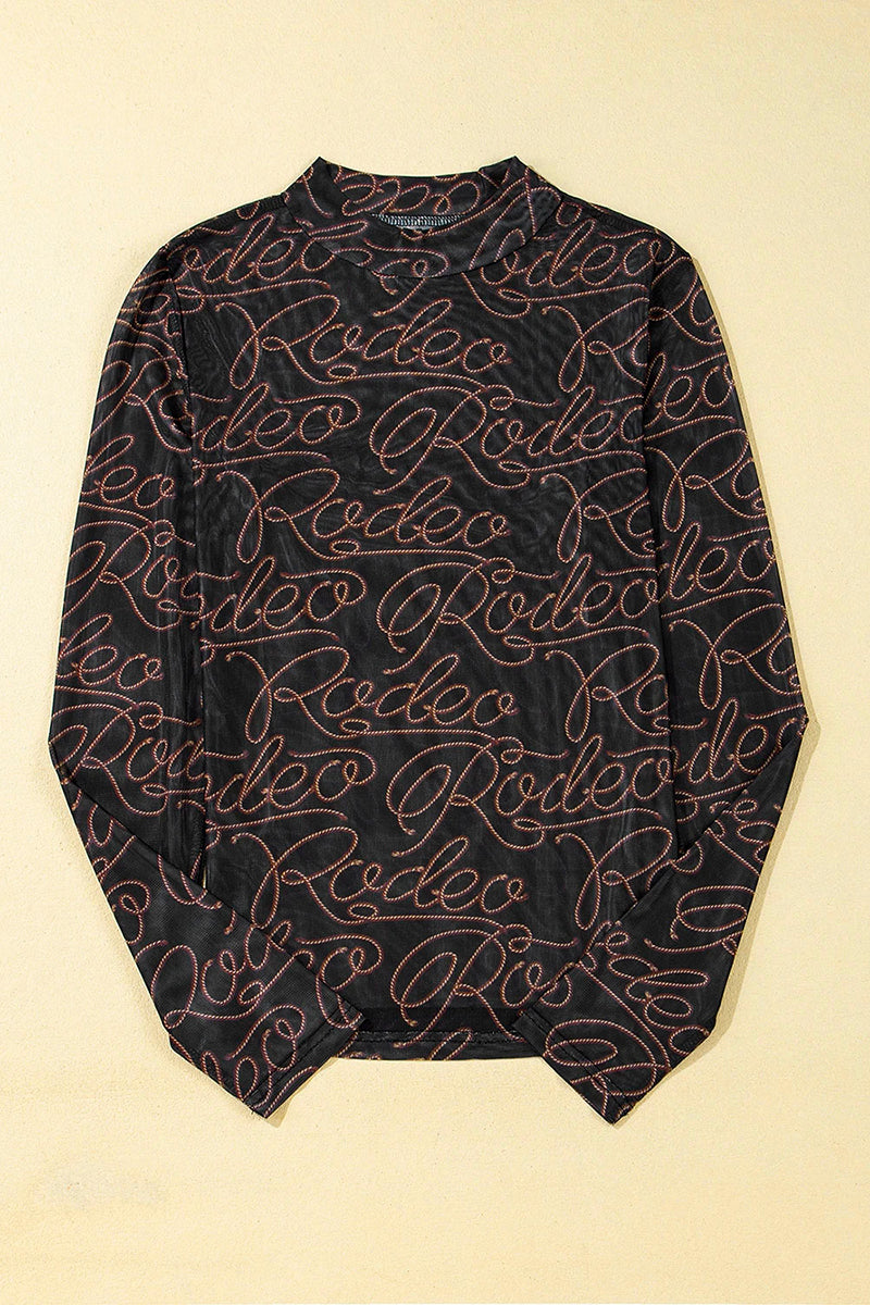 Western Printed Mock Neck Long Sleeve Top