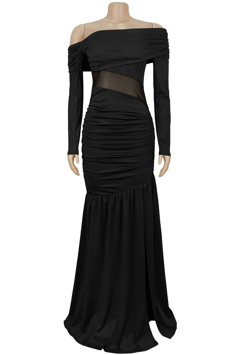 Off-Shoulder Mesh Cutout Maxi Dress