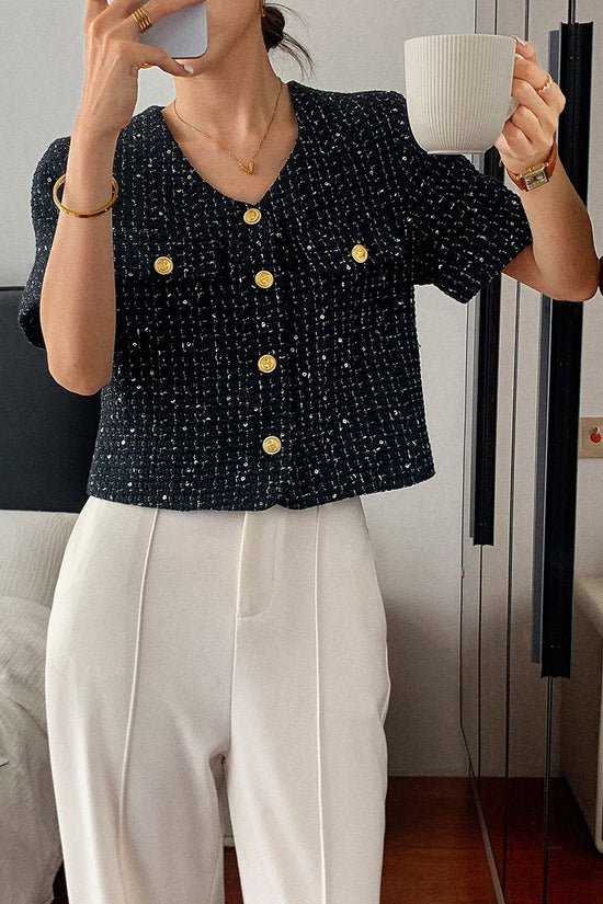 Buttoned Short Sleeve Tweed Blazer