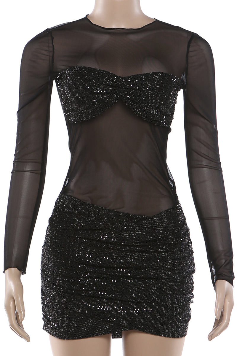 Sheer Long Sleeve Ruched Bodycon Dress