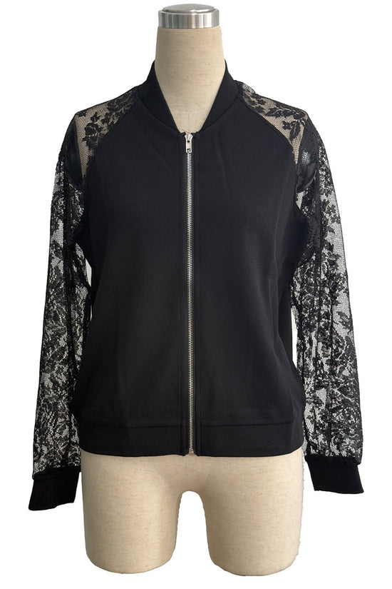 Lace Sleeve Zipper Jacket