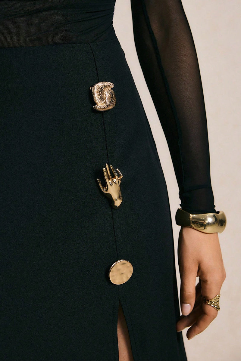Embellished Button Midi Skirt