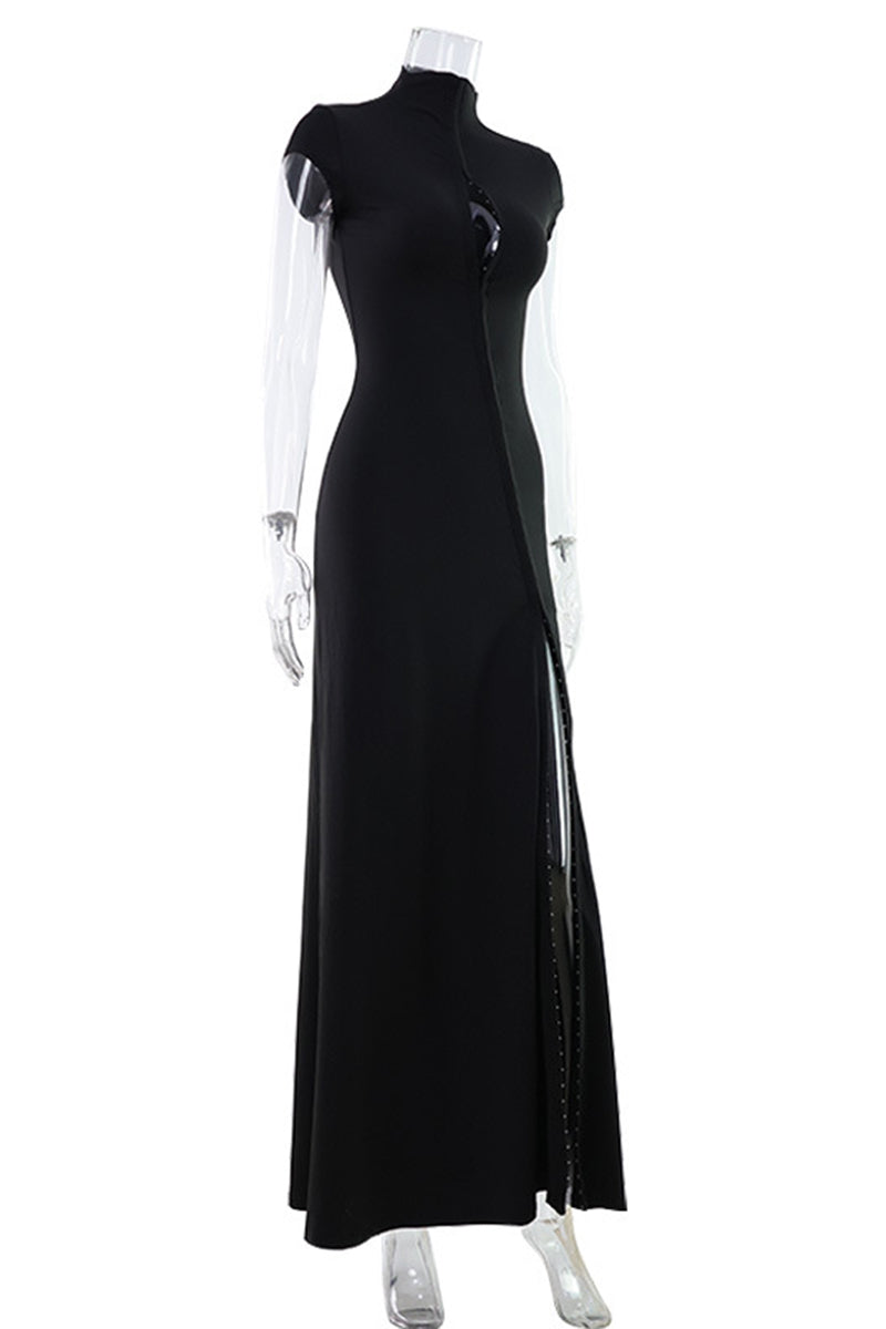 High Collar Slit Maxi Dress