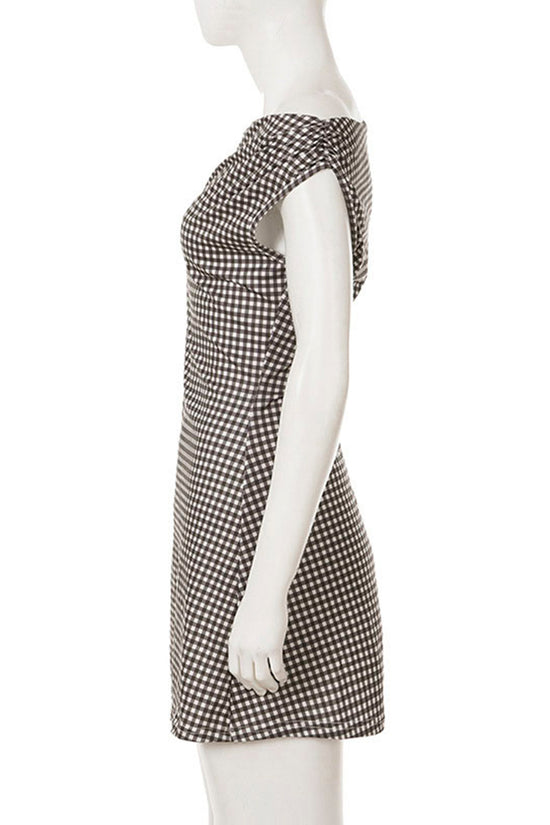 Gingham One-Shoulder Casual Dress