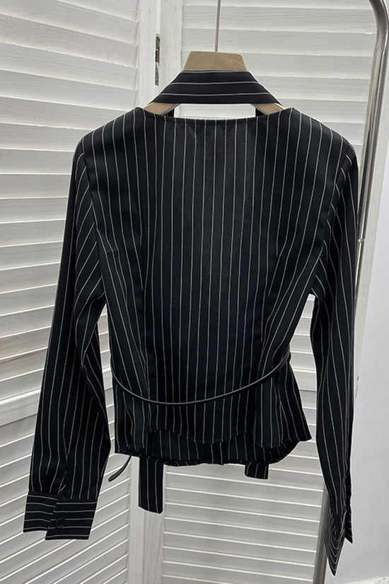 Striped Lace Belted Shirt Blouse