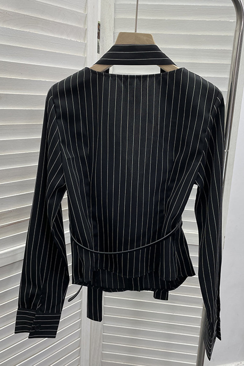 Striped Lace Belted Shirt Blouse