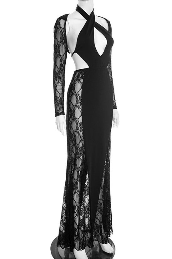 Lace Cutout Long Sleeve Casual Maxi Dress