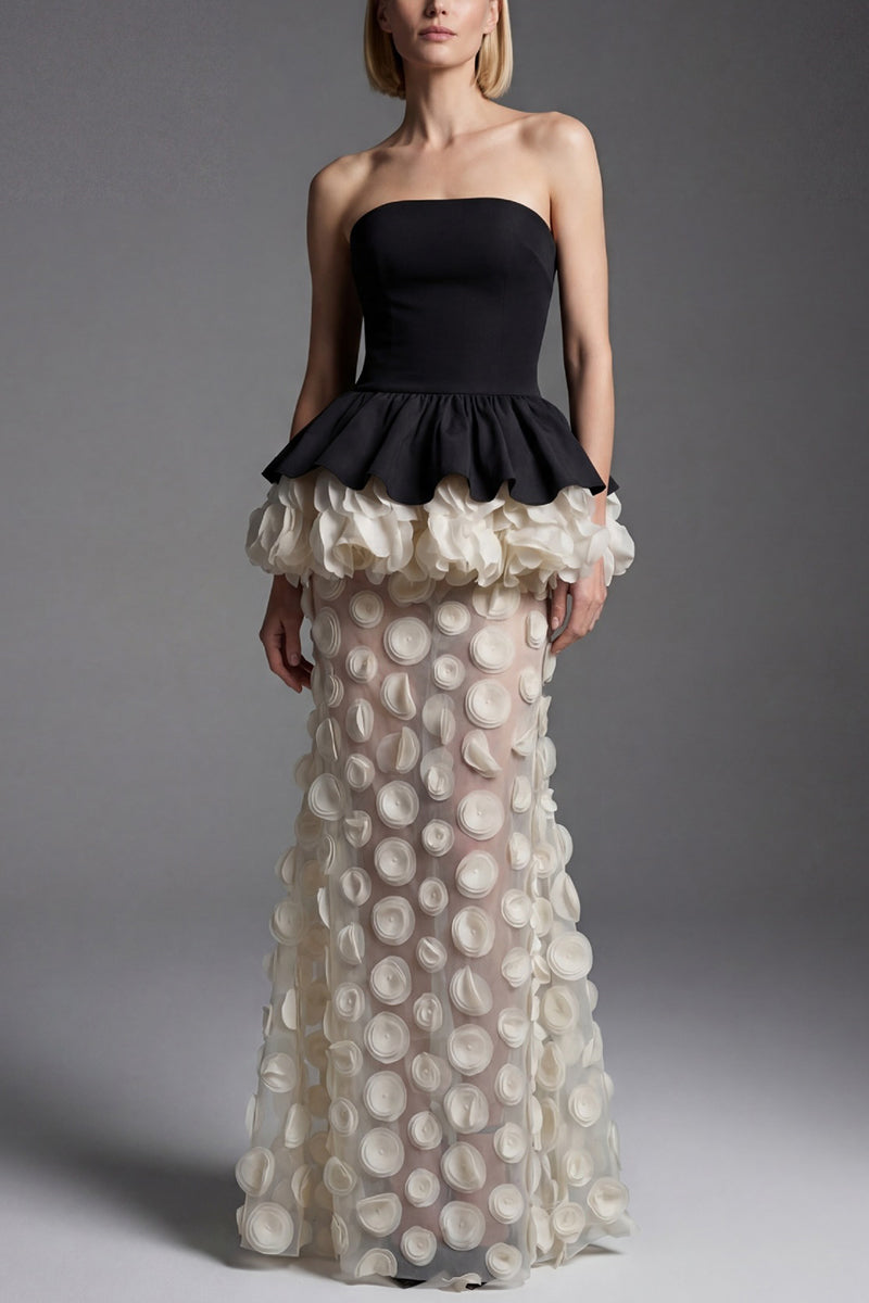 Strapless Peplum Polka Dot Evening Gown