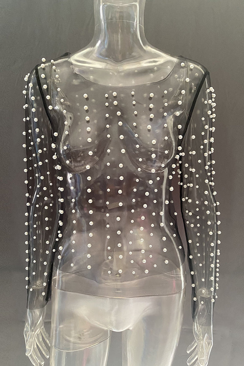 Pearl Embellished Mesh Long Sleeve Top