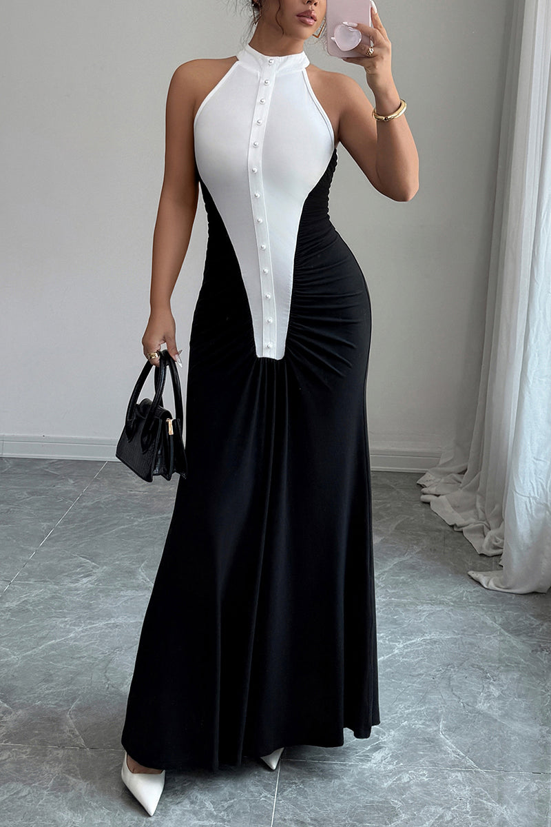 Two-Tone Halter Maxi Dress with Button Details