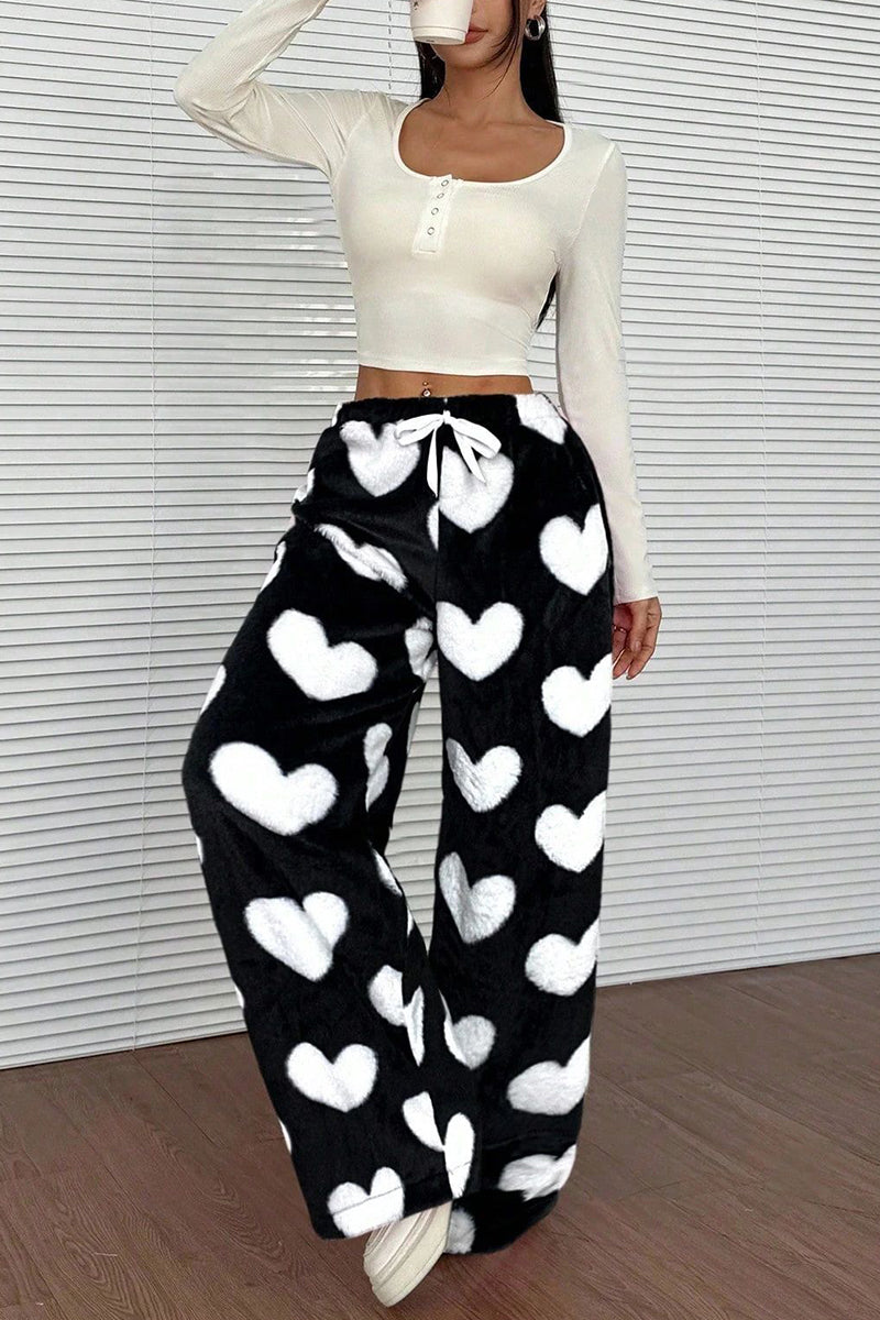 Heart Print Wide-Leg Casual Pants