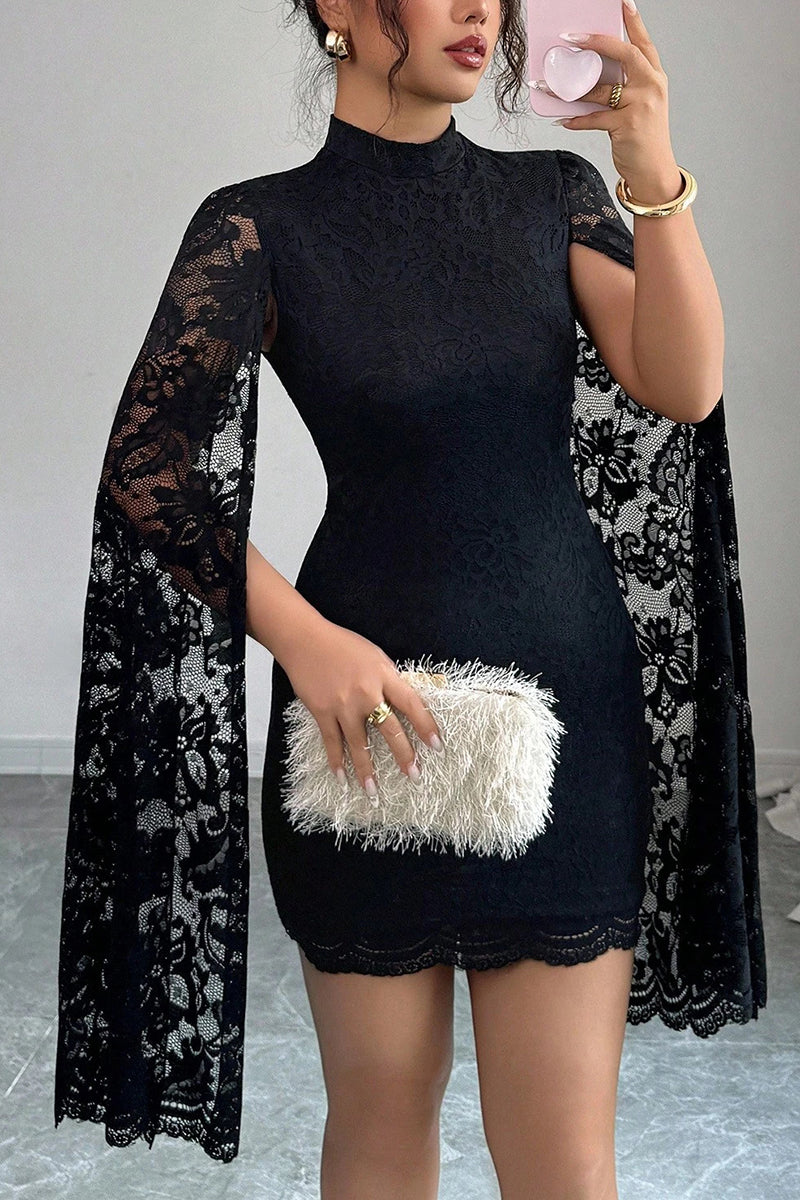 Elegant Lace Cape Sleeve Bodycon Dress
