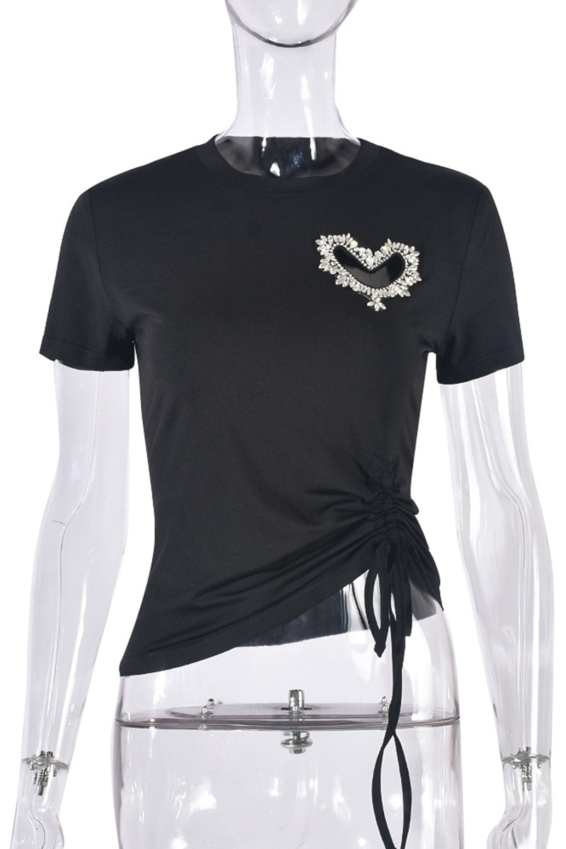 Embellished Heart Ruched T-Shirt