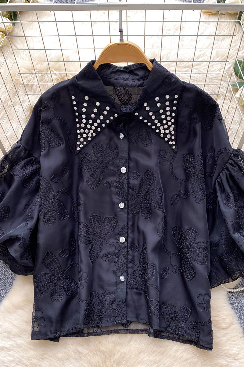 Embellished Collar Puff Sleeve Shirt