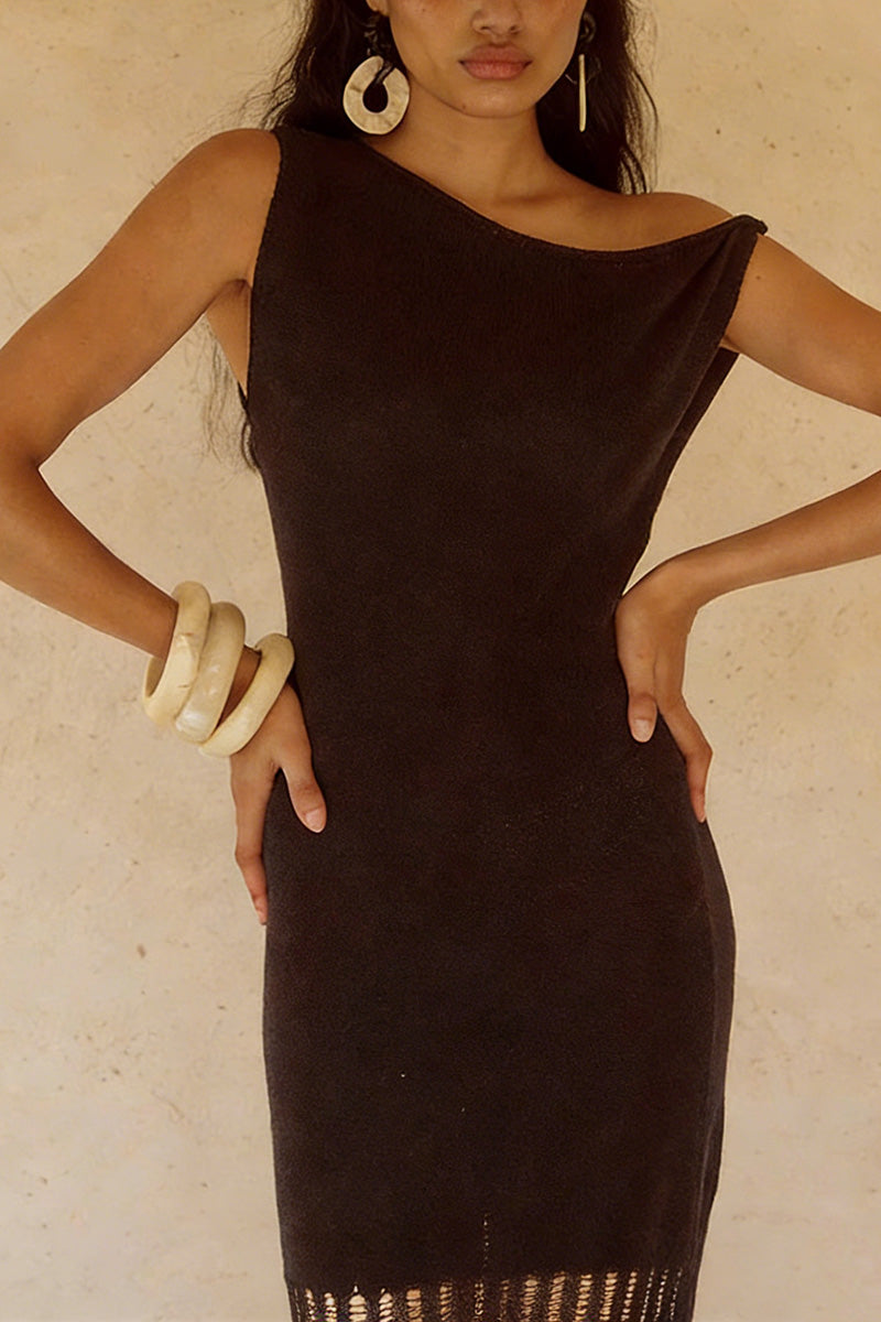 Off-Shoulder Maxi Dress with Distressed Hem