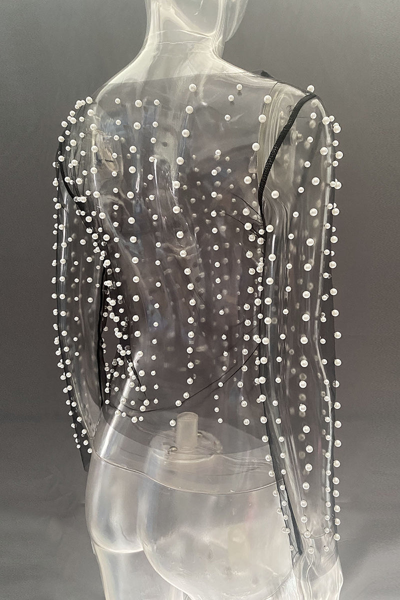 Pearl Embellished Mesh Long Sleeve Top