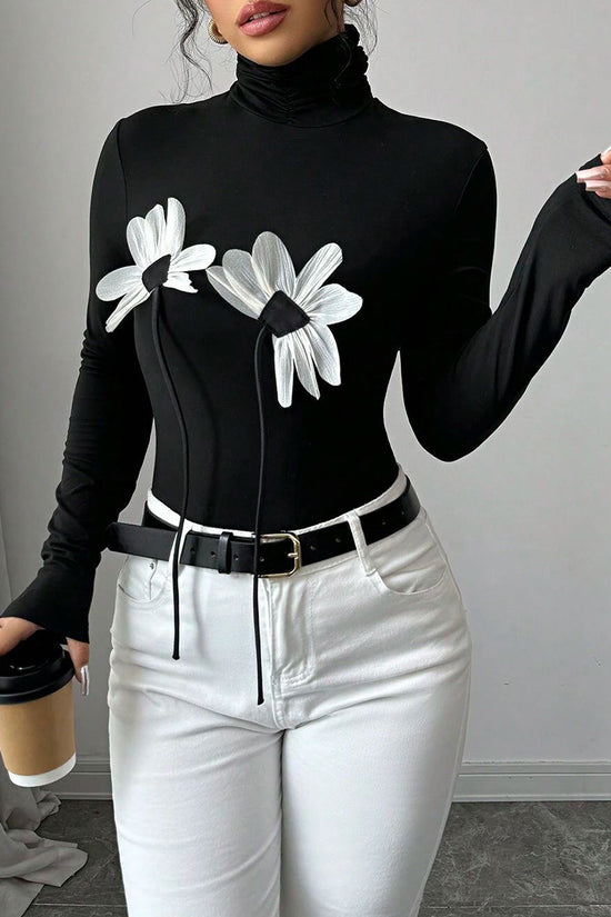 Floral Appliqué Turtleneck Long Sleeve Top