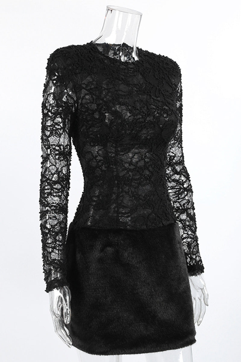 Chic Lace and Fur Casual Dress