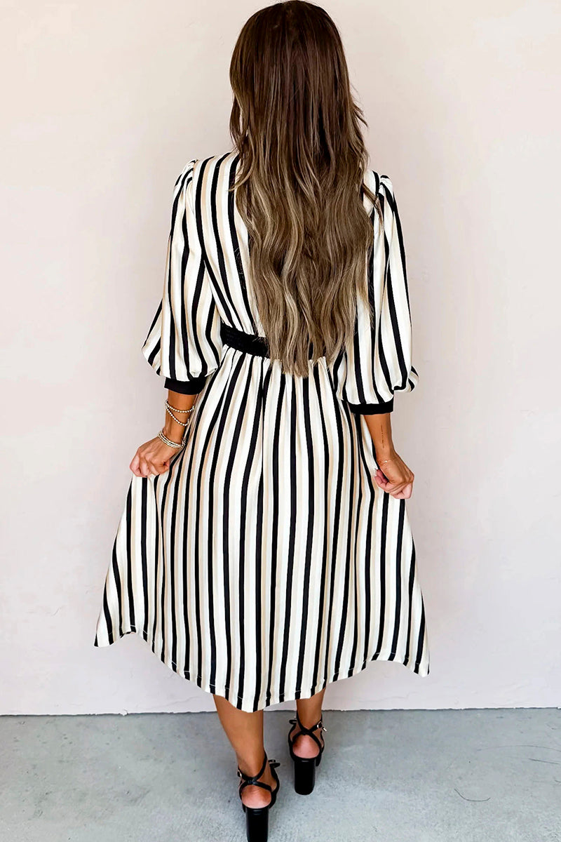 Stripe Puff Sleeve Button Down Midi Dress