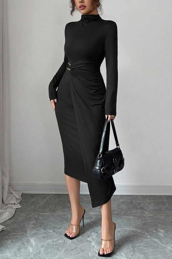 Asymmetrical High-Neck Long Sleeve Dress